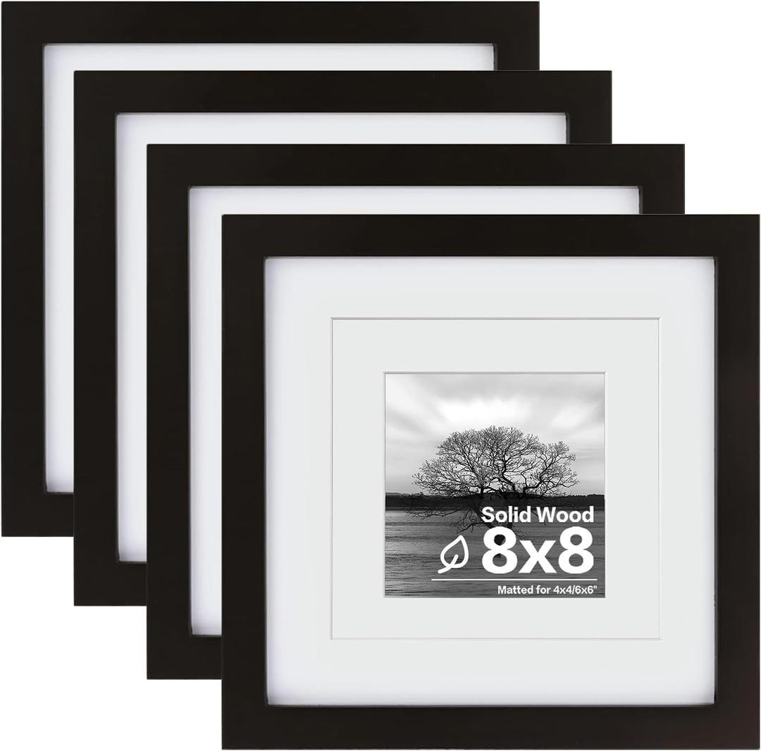 Egofine 8x8 Picture Frames 4 PCS - Made of Solid Wood Covered by Plexiglass Display 4x4/6x6 with Mat or 8x8 without Mat, for Table Top Display and Wall Mounting Photo Frame Black