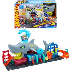 Hot Wheels City Track Set, Ultra Shark Car Wash with 1:64 Scale Color Reveal Toy Vehicle, Repeat Color-Change Feature, Storage
