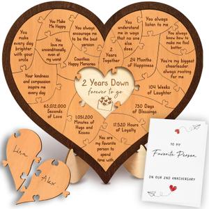 Stofinity 2 Year Anniversary Wooden Gifts For Him Her - Cotton 2nd Anniversary Wedding Gift For Husband Wife, Happy Two Year Anniversary Dating Gifts Wood Heart For Boyfriend Girlfriend