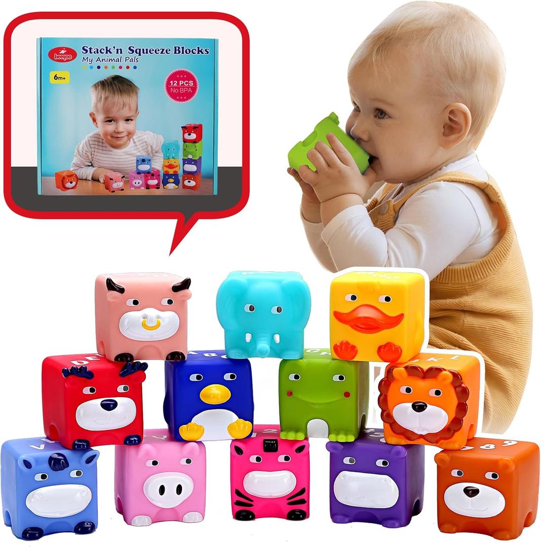 Soft Baby Blocks  Stacking & Building Toys for Babies and Toddlers  12 No Hole Squeeze Animals Blocks  Sensory Teething Toys for Infant 6 Months+