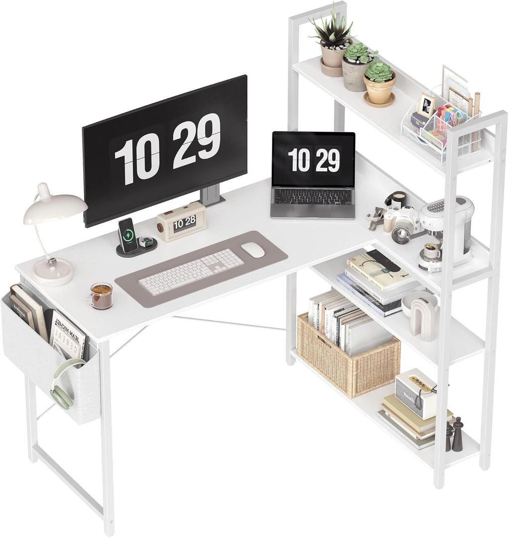 Treesland 47 Inch Computer Desk with Bookshelf, Corner Desk with Storage, L Shaped Desk, Home Office Desks, Writing Study Desk for Bedroom, White