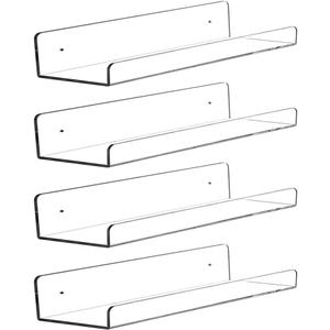 CY craft Clear Acrylic Floating Shelves Display Ledge, 5 MM Thick Wall Mounted Storage Shelf for Kitchen/Bathroom/Office,Invisible Kids Bookshelf and Spice Rack,15 Inch,Set of 4