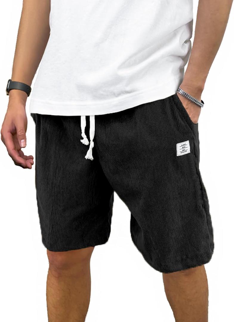 PLEPAN Mens Corduroy Shorts Casual Elastic Waist Drawstring Summer Beach Short (Medium, Black)