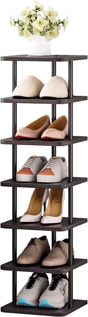 SORCEDAS 7 Tiers Vertical Shoe Rack Wooden Shoe Storage Organizer for Space Saving Narrow Shoe Shelf Storage 7 Pairs for Entryway Living Room Bedroom(Black + Rustic Dark Brown)