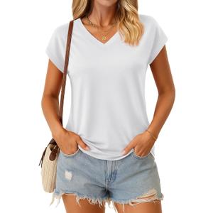 YUCOLEN Womens Cotton V Neck T Shirts Cap Short Sleeve Summer Tops 2025 Trendy Loose Casual Tank for Beach Vacation (Small)