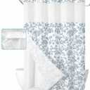 Ksriylm No Hook Fabric Waterproof Dark Blue Floral Shower Curtain, Farmhouse Flower Shower Curtain Liner Set for Bathroom Decor, Chic Cloth Leave Hookless Shower Curtain Set, 71" Wx 74" L