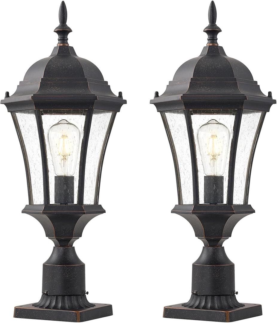 Cast Aluminum 24" Large Outdoor Post Light with 3" Pier Mount, Bronze Exterior Pathway Pole Lights Fixture with Seeded Glass 2 Pack Outside Garden Post Lamp Lantern Head for Driveway, Yard