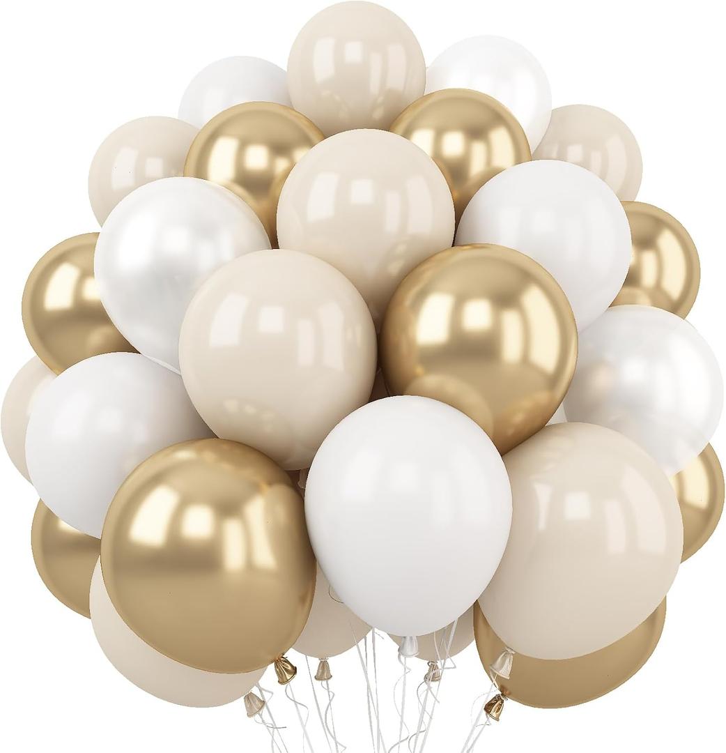 White and Gold Balloons, 12 Inch White Sand Gold Metallic Latex Balloons, Beige Gold Party Balloons for Boho Birthday Baby Shower Engagement Wedding Anniversary Party Decorations