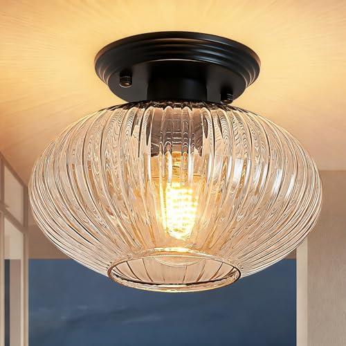 FLOURIM Semi Flush Mount Ceiling Light, Black Vintage Kitchen Ceiling Lights, Amber Striped Glass Close to Ceiling Light Fixtures for Living Room, Hallway, Bedroom