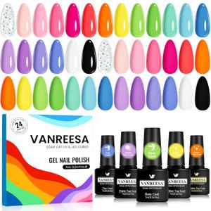 VANREESA 24 Pcs Gel Nail Polish Set -Trendy Colors Gel Polish with Base Coat & 4 Effects of Top Coat White Nude Pink Orange Yellow Green Blue Purple Black Gel Polish Set Nail Kit Gifts for Women Girls