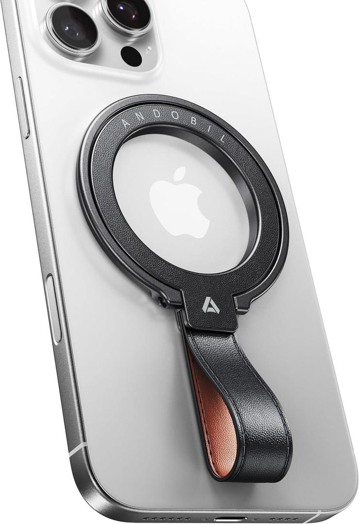 Andobil [2026 Premium Leather] Magnetic Phone Grip for MagSafe [Longest Durable] Adjustable Phone Ring Kickstand with Leather Loop Compatible with MagSafe Accessories&iPhone 17/Air/16/15 Pro Max Black
