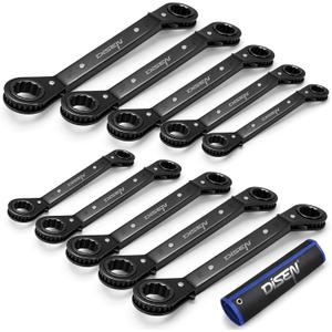 DISEN 10-Piece Double Offset Box End Reversible Ratcheting Wrench Set, SAE (1/4-7/8 inch) & Metric (6-21mm) Heavy Duty Ratcheting Wrench Set for Narrow Space, Rolling Pouch