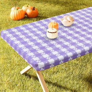 Rectangle Vinyl Table Cloth, Waterproof Elastic Fitted Tablecloth with Flannel Backing, Plastic Table Cover for Picnic, Camping, Outdoor (White & Lavender, 30"x72")