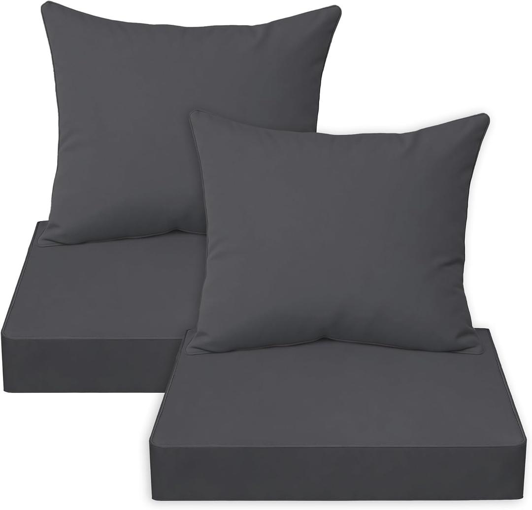 Outdoor Deep Seat Cushion Set,24x24 Inch Chair Cushions Set of 2,Rocking Chair Pad, Fade Resistant Patio Cushions with Removable Cover Deep Seat Back Cushion with Straps for Chair Sofa Couch Dark Grey