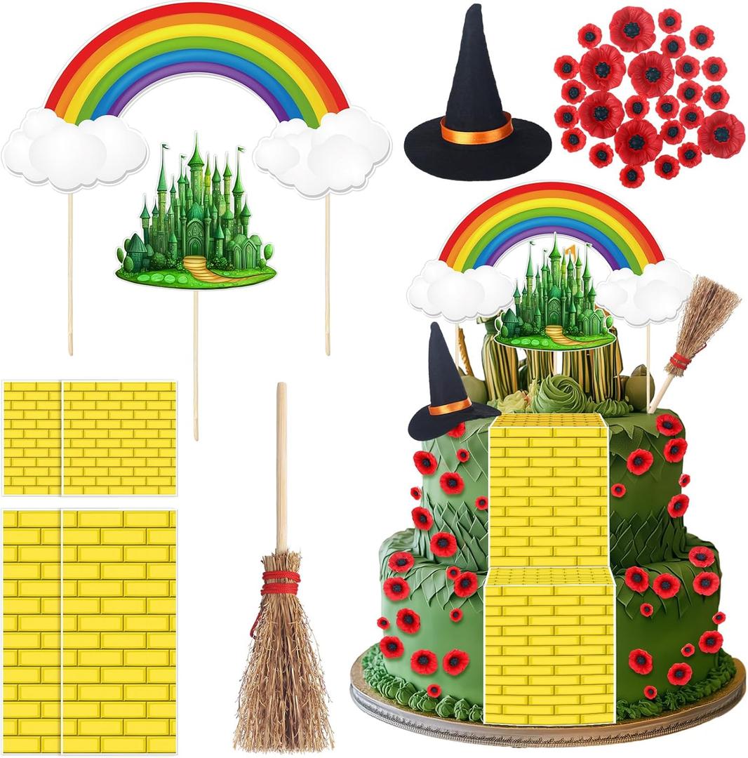 38 Pcs Castle Rainbow Clouds Cake Toppers Runner Brick Mini Witch Hats Red Poppy Flowers and Brooms Cake Decoration Party Props Witch Princess Party Supplies