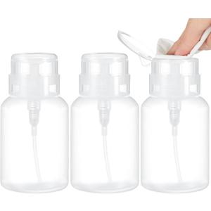 Layhit 3 Pack 6.8 oz (200ml) Push Down Lockable Pump Dispenser Bottle with Stickers, Alcohol Push Down Empty Refillable Container for Nail Polish Remover, Alcohol & Makeup Remover (Clear Top Cap)