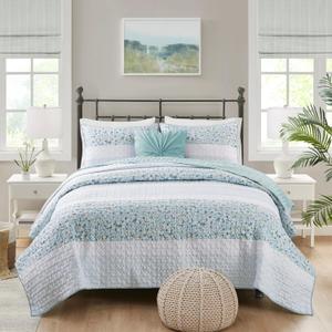 Madison Park King Quilt Set, Seersucker Floral Coverlet, All Season Lightweight Microfiber Bedding Quilt Set, Vermicelli Quilting Design, Throw Pillow, Caralie, King/Cal King Aqua 4 Piece