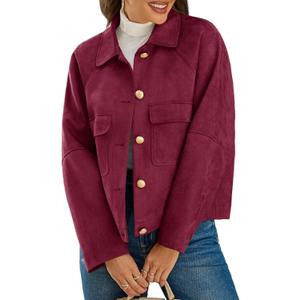 Cicy Bell Womens Faux Suede Leather Jackets Oversized Cropped Casual Lapel Collar Button Down Fall Vintage Shackets (Large, Red)
