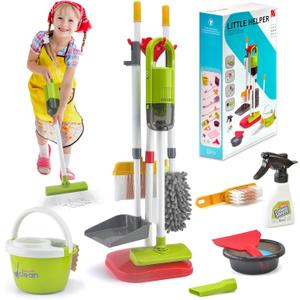 Toddler Cleaning Set, Kids Cleaning Toy Set with 2 in 1 Kids Vacuum That Really Works, Mop, Broom, 14Pcs Pretend Play Home Cleaning Playset for Toddler Ages 3+, Birthday Gift for Girls Boys (Red)