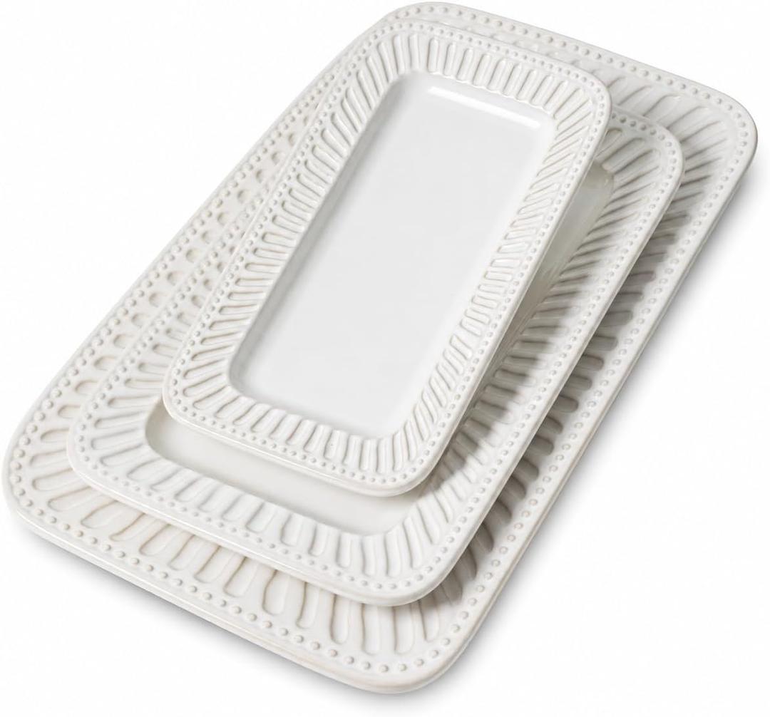 Rectangular Ceramic Serving Platters, Set of 3, Vintage White, 16-inch