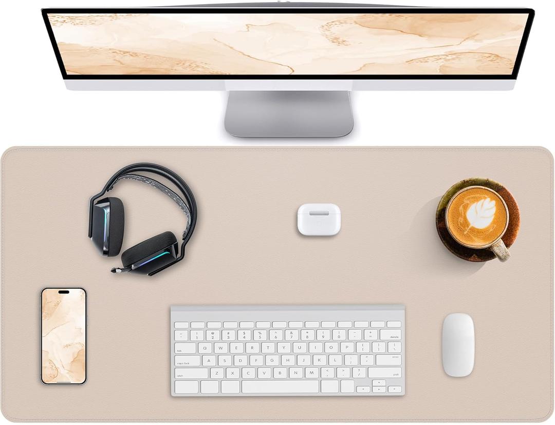 Leather Desk Pad Protector,Office Desk Mat,Large Mouse Pad, Non-Slip PU Leather Desk Blotter,Desk Pad,Waterproof Desk Writing Pad for Office and Home (Beige,31.5" x 15.7") (32" x 16")