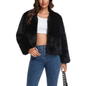 HOOD CREW Womens Fashion Cropped Faux Fur Jackets Long Sleeve Fluffy Winter Coats Casual Cardigan Outerwear Short Coat (Small, Black)