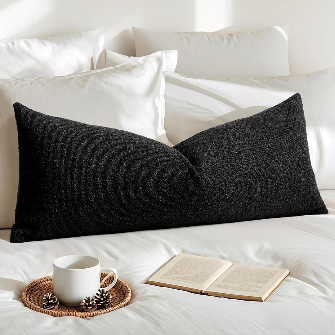 OTOSTAR Set of 1 Textured Boucle Long Lumbar Throw Pillow Cover Rectangle Pillow Case Cozy Soft Decorative Couch Cushion Case for Chair Sofa Bedroom Living Room Home Decor 14x36 Inch, Black