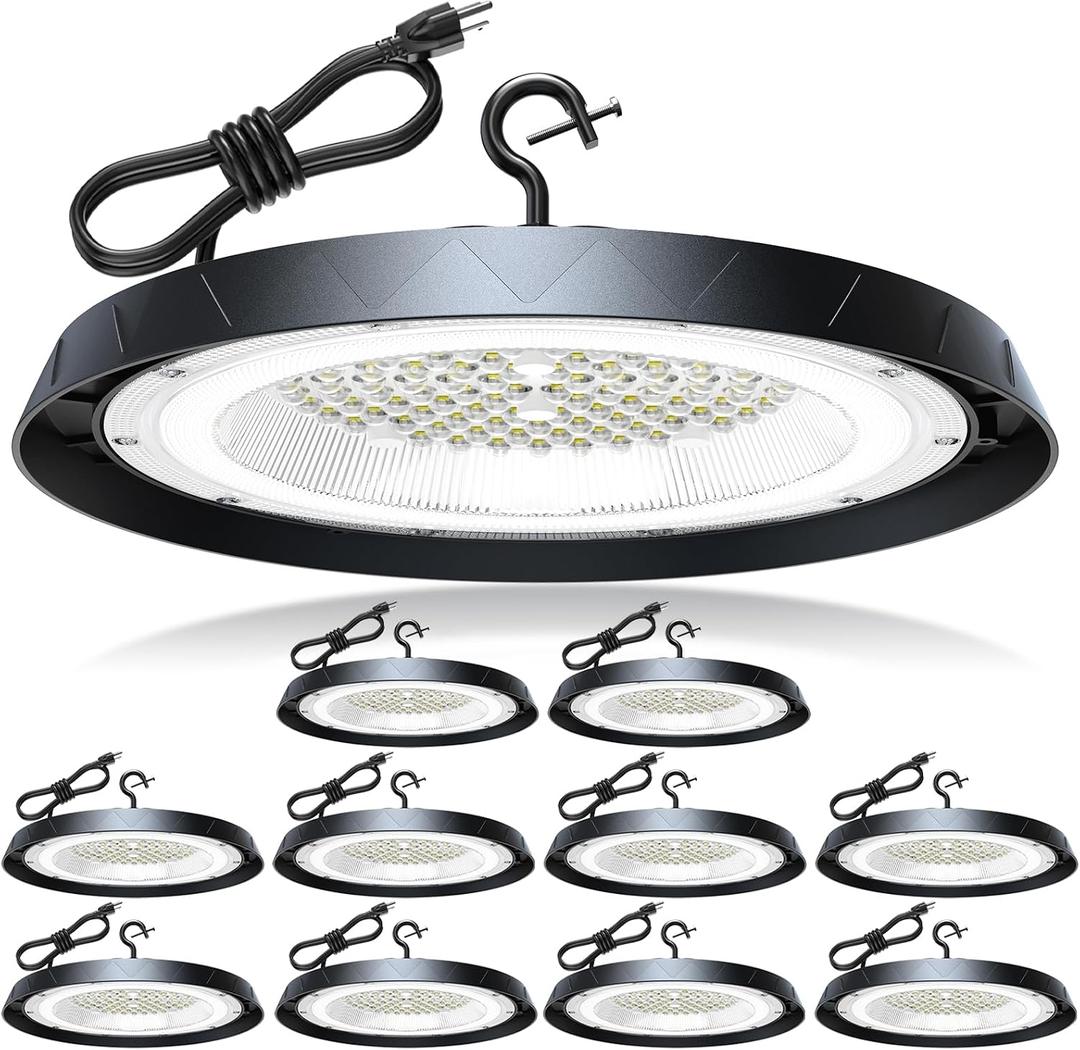 250W UFO High Bay Lights 30000LM LED Shop Light Plug & Play 10 Pack
6000K Commercial Bay Lighting IP65 Garage Light, Wide 120° Lighting Coverage, Clear Daylight with CRI>90, 5ft Power Cable