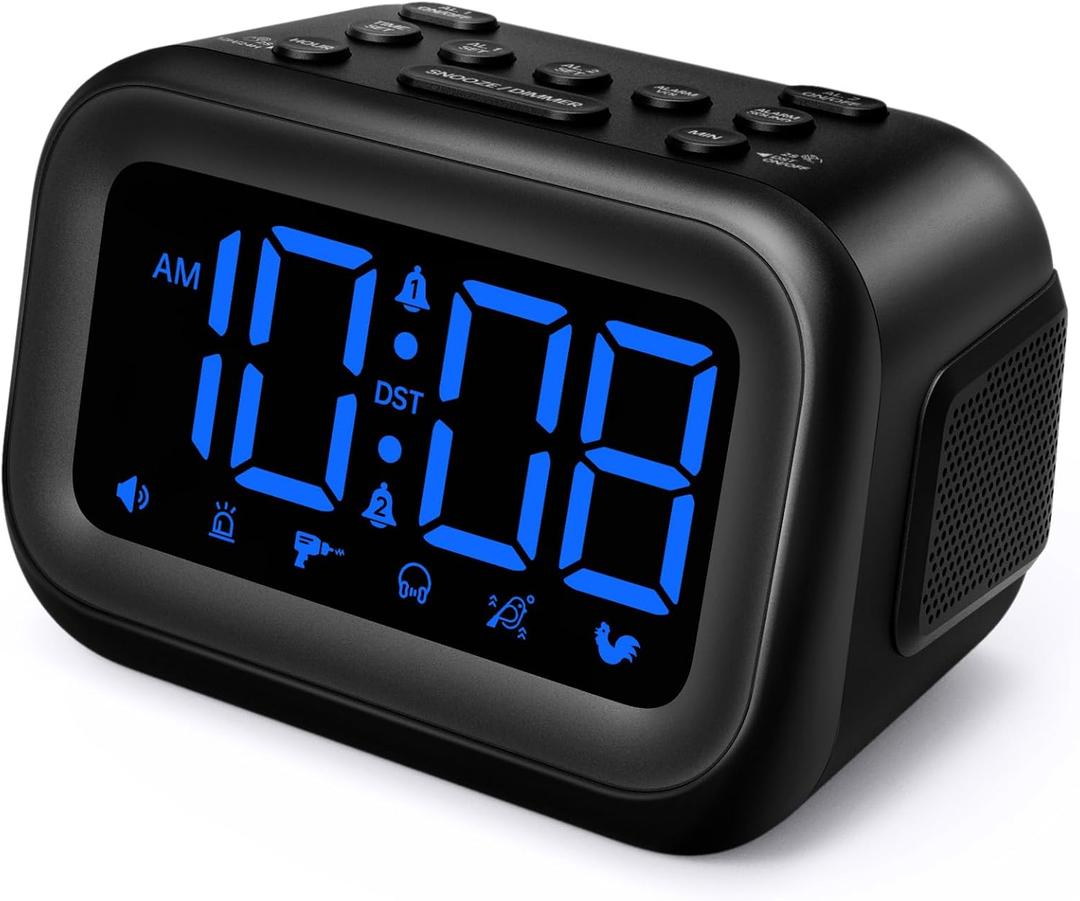 Extra Loud Alarm Clock: 115dB Dual Alarms and 6 Unique Alarm Sounds for Heavy Sleepers - Adult Students for Bedroom On-Time Wake-Ups - Blue Digits