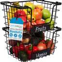 BirdRock Home Stacking Wire Market Baskets with Chalk Label | Set of 2 | Fruit Vegetable Produce Metal Storage Bin for Kitchen Counter | Black