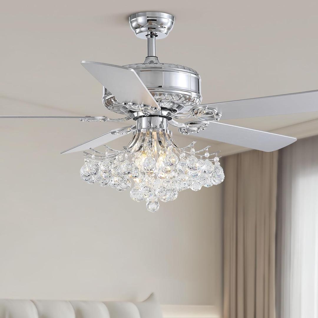 MOOONIHCE 52" Elegant Ceiling Fan with Light and Remote, Raindrops Crystal Fandelier with Wood Blades, Reversible Chandelier Fan for Living Room Bedroom Dinning Room (Silver)
