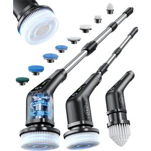 Leebein Electric Spin Scrubber, Cordless Cleaning Brush with 8 Replaceable Brush Heads, Tub and Floor Tile Power Scrubber Dual Speed with Adjustable & Detachable Handle for Bathroom Tub (All Black)