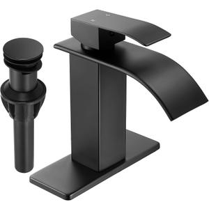 Fransiton Black Waterfall Bathroom Faucet Lavatory Single Handle 1 or 3 Hole Bathroom Sink Faucet Washbasin Faucet with Deck and Pop-up Drain