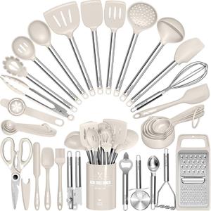 Kitchen Utensils Set-Umite Chef 34 Pcs Silicone Cooking Utensils Set for Nonstick Cookware-Silicone Spatulas Set, Stainless Steel Handle-Khaki Kitchen Gadgets Tools, Pots and Pans Accessories