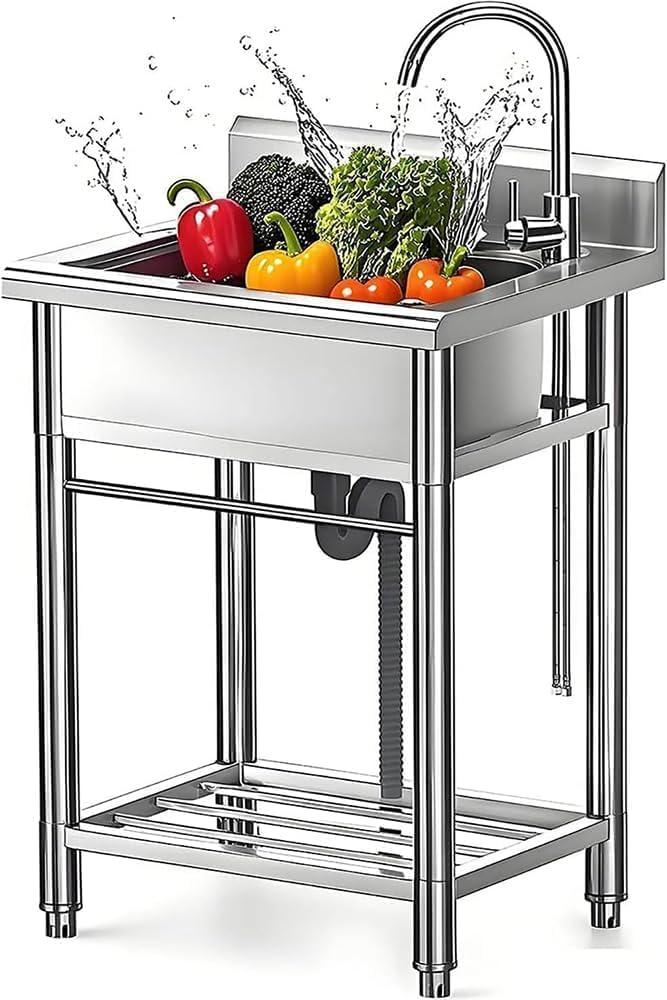 Stainless Steel Utility Sink with Faucet - Freestanding Single Bowl Sink for Commercial Kitchen, Laundry, Garage, Shop, Patio, Outdoor Prep & Wash Sink with Shelf, Fregadero Para Patio Exterior - 23In