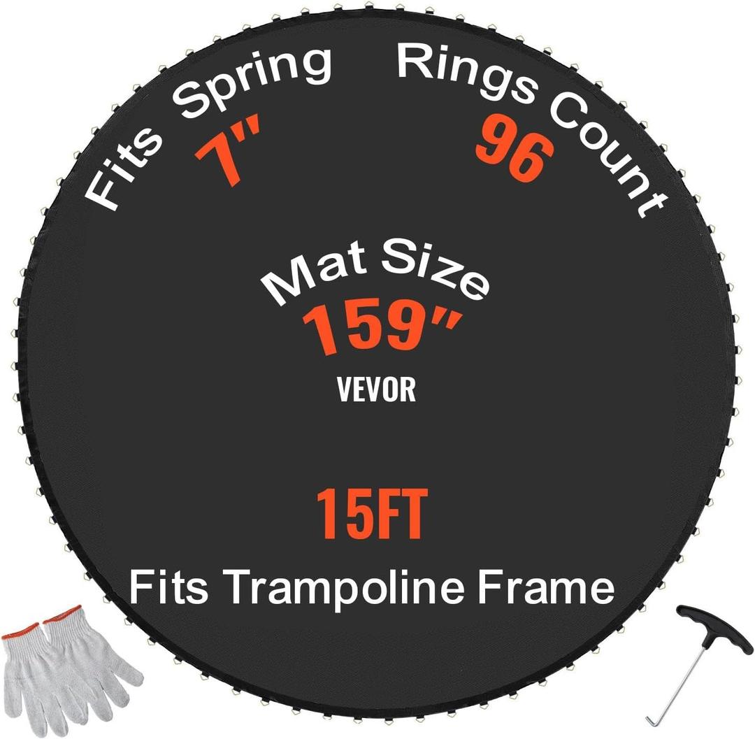 VEVOR Replacement Trampoline Mat, Jumping Mat Fits 15 ft Frame, Universal Jumping Round Trampoline, UV-Resistant Mat with Spring Tool & 96 V-Rings, Fit 7" Spring Length