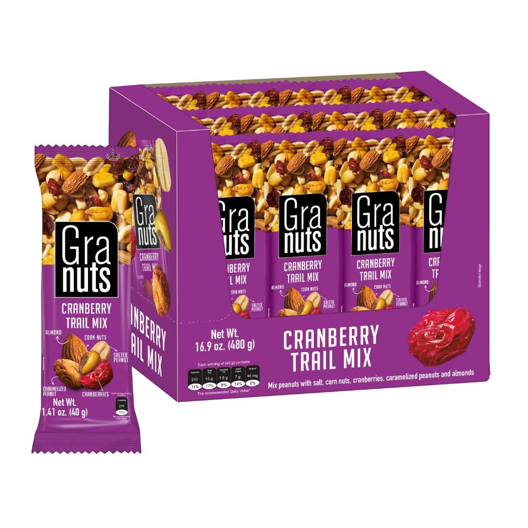 Granuts Cranberry Trail Mix | Caramelized Peanuts | Crunchy Corn Nuts + Almonds | Soft Cranberries | Salty + Sweet Flavors | On-the-Go Snack | 1.76 Oz (12 Inner Packs) (EXP 02/11/27)
