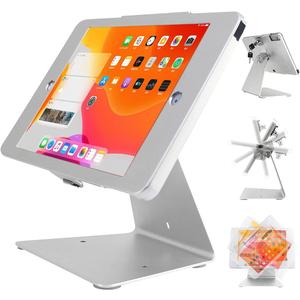 Desktop Anti-Theft Security Kiosk POS Stand Holder Enclosure for Tablets, Compatible with 10.2" iPads (2021, 2020, 2019, 2018) 7th 8th 9th Gen, Flip & 360 Swivel Design, Silver