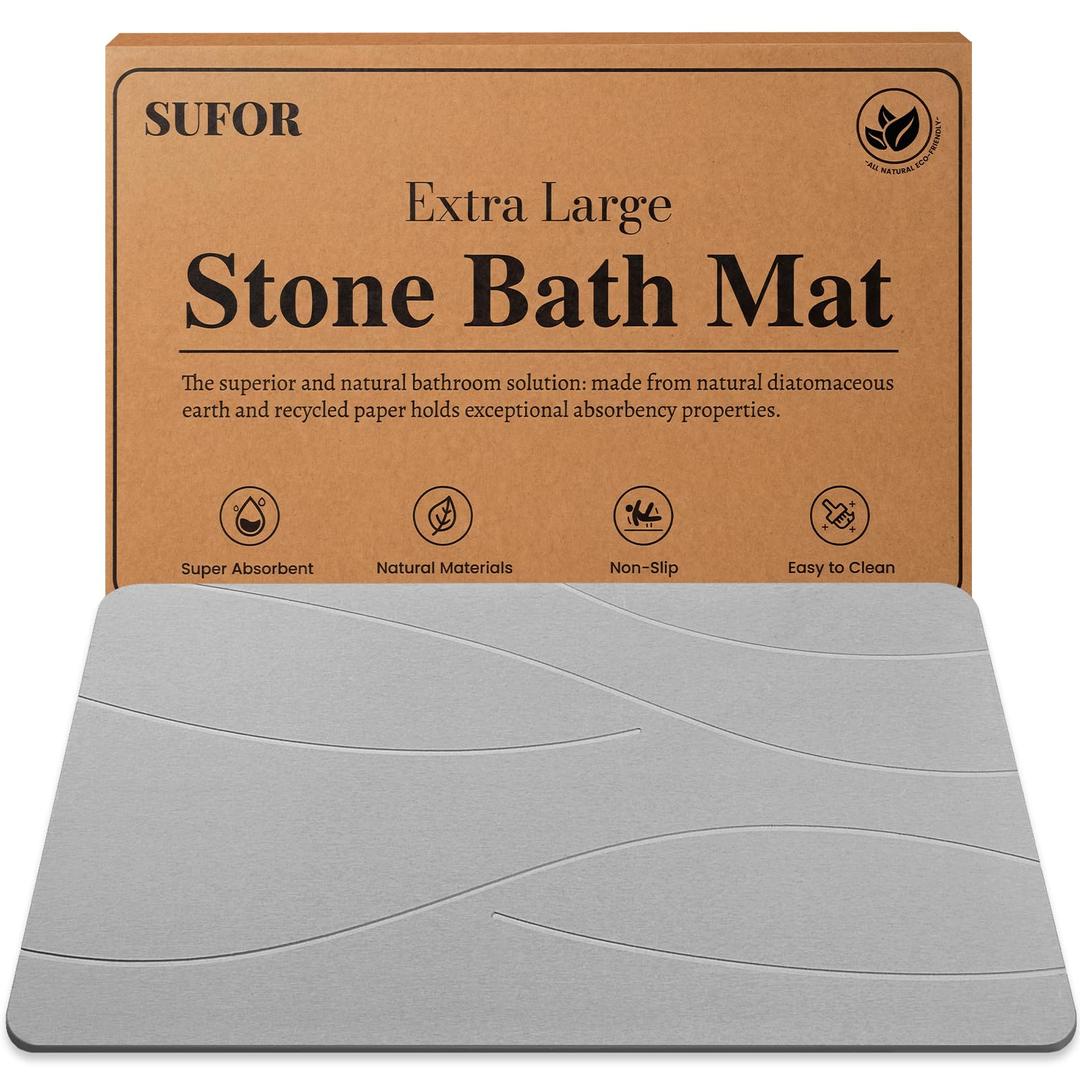 Extra Large Stone Bath Mat - Absorbent Diatomaceous Earth Stone Bath Mat Large - Non-Slip Diatomite Bathmat - Easy Clean and Quick Drying - Long Instant Dry Bathmat - XL