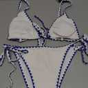 ZAFUL Women's Triangle Bikini Tie Side Whip Stitch String Bikini Two Piece Swimsuit Bathing Suits (Medium, 1-blue White)