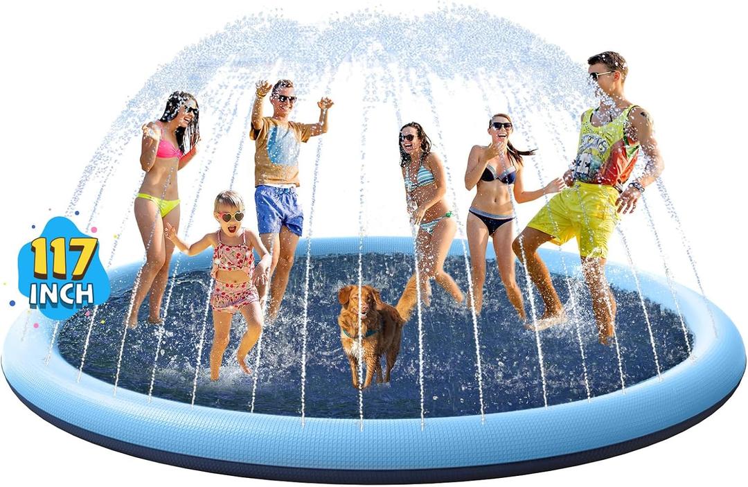 VISTOP Non-Slip Splash Pad for Kids and Dog, Thicken Sprinkler Pool Summer Outdoor Water Toys - Fun Backyard Fountain Play Mat for Baby Girls Boys Children or Pet Dog (117 inch, Blue&Blue)