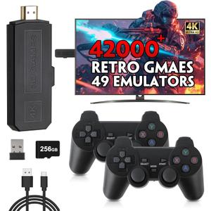 Wireless Retro Game Console Stick, 4K Plug & Play TV Video Game Stick, Pre-Installed 42,000+ Games, 49 Emulators, 256GB Memory Card, with Dual 2.4G Wireless Controllers, HDMI Output