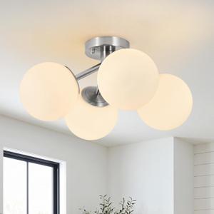 4-Light Mid Century Modern Ceiling Light, 19.69" Brushed Nickel Semi Flush Mount Ceiling Light,Sputnik Ceiling Light Fixture with Milk Glass Globe for Bedroom,Living Room,Kitchen,Hallway