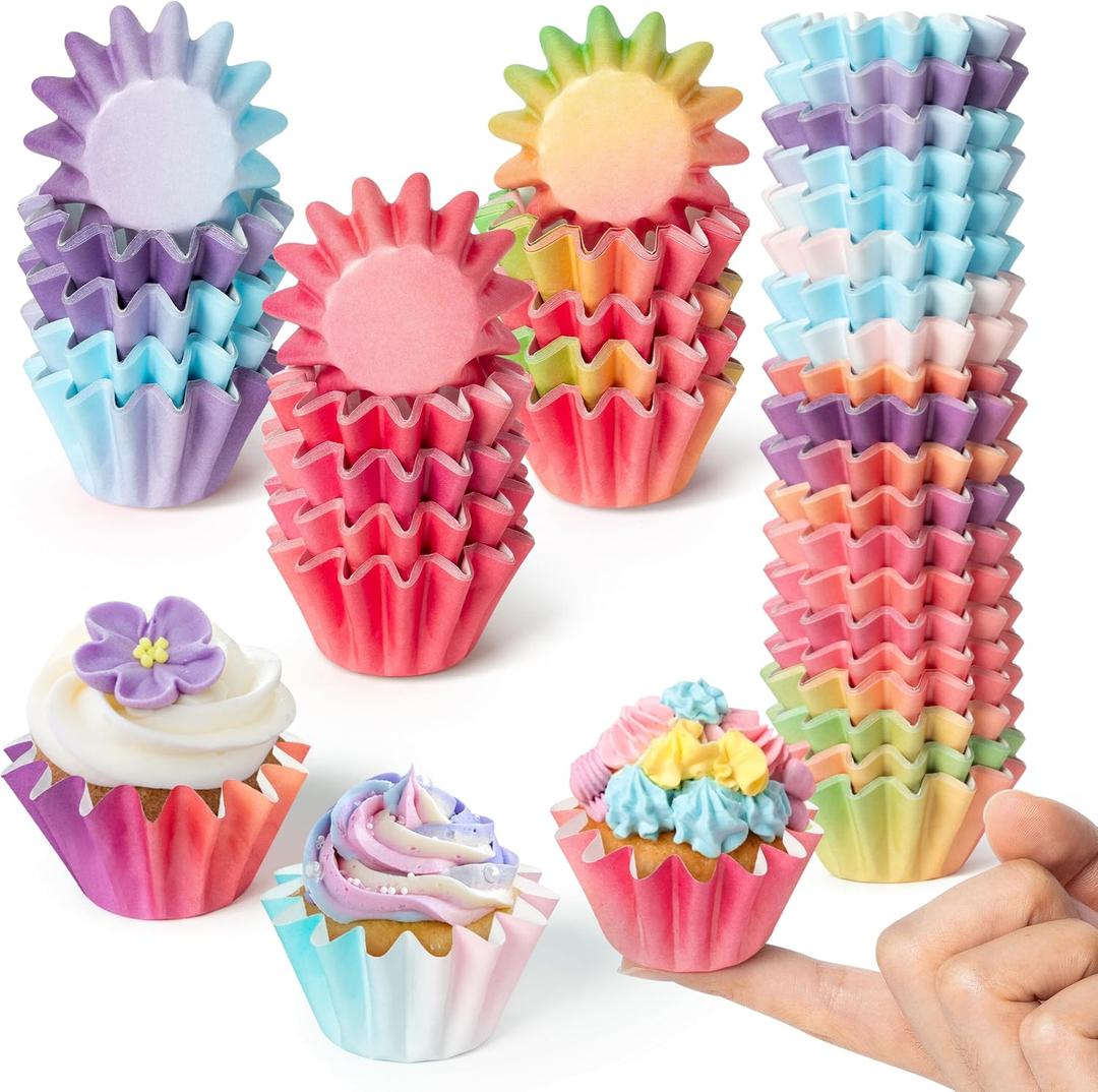 R HORSE 200Pcs Mini Cupcake Liners Baking Cups, Purple Orange Gradient Grease-resistant Mini Size Cupcake Cups for Baking, Heavy Duty Paper Muffin Baking Cups for Wedding Birthday Baby Shower Party