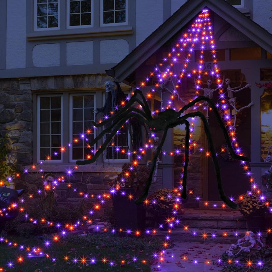 Halloween Spider Web Lights Decoration 455 LED Spider Webs Halloween Decorations Outdoor with 59" Large Spider & 3.53 oz Stretch Cobweb 16.4 Ft Light Up Giant Spider Web (Purple & Orange)