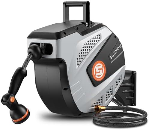 SUNPOW Retractable Garden Hose Reel - 1/2 inch x 50ft Wall Mounted Hose Reel with 3/4 inch Brass Fitting & 10 Function Sprayer Nozzle - Any Length Lock, Auto Rewind System, 180°Swivel Bracket - Grey