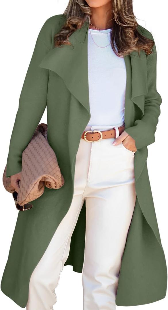Angerella Women's Casual Long Sleeve Draped Open Front Knit Long Cardigan Sweater Outwear Coats with Pocket (Green, M)