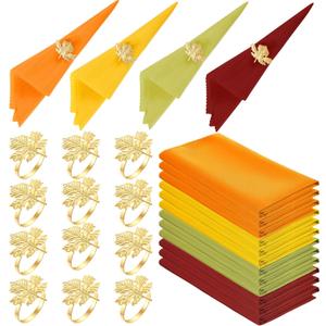 Suclain 24 Pcs Thanksgiving Napkins Cloth with Maple Leaf Heart Napkin Rings Fall Harvest Cloth Napkins for Autumn Holiday Dinner Kitchen Table Decoration (Multicolor)