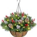 Waipfaru Outdoor Christmas Porch Decorations, Christmas Hanging Baskets with Lights for Outdoors, Artificial Xmas Greenery for Front Porch Patio Outside Urn Fillers Winter Decor
