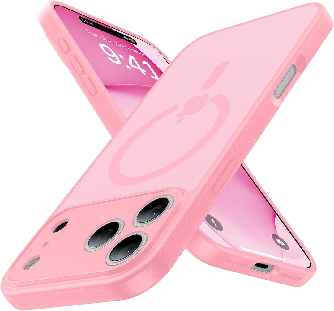 Magnetic Shockproof for iPhone 17 Pro Case,[Full Camera Protection][Compatible with Magsafe][Non-Slip][Mil-Grade Protection]Slim Anti-Yellow Translucent Matte Phone Case for iPhone 17 Pro,Pink